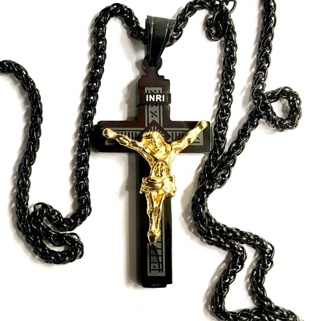 Gold Jesus crucifix pendant with INRI on black chain necklace