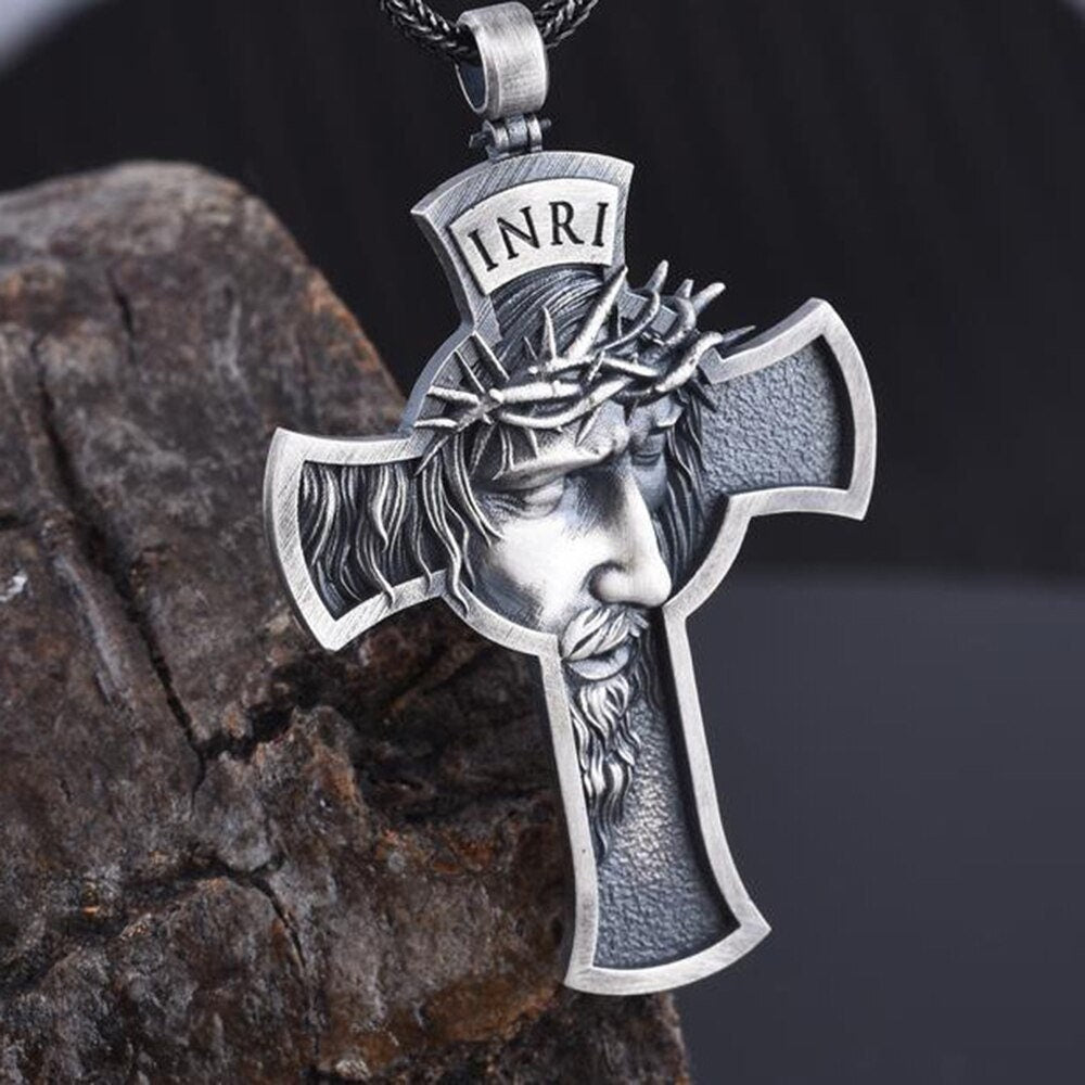 Silver-tone cross pendant necklace with Jesus profile head and INRI plate on chain