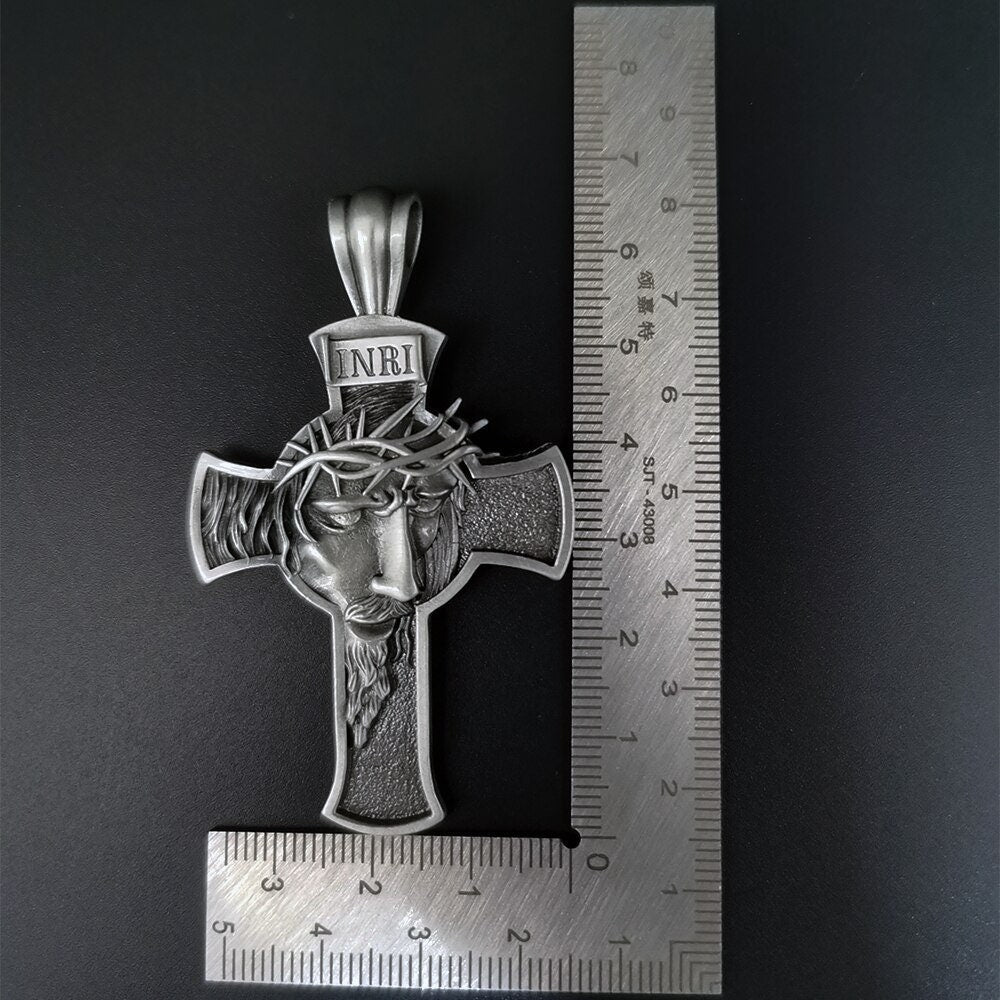 Cross pendant necklace measured by ruler, Jesus face with INRI plate
