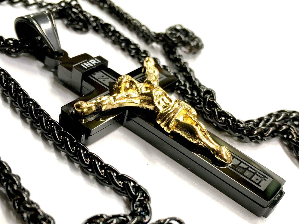 Black and gold crucifix necklace with INRI pendant and box chain