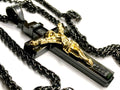 Black and gold crucifix necklace with INRI pendant and box chain