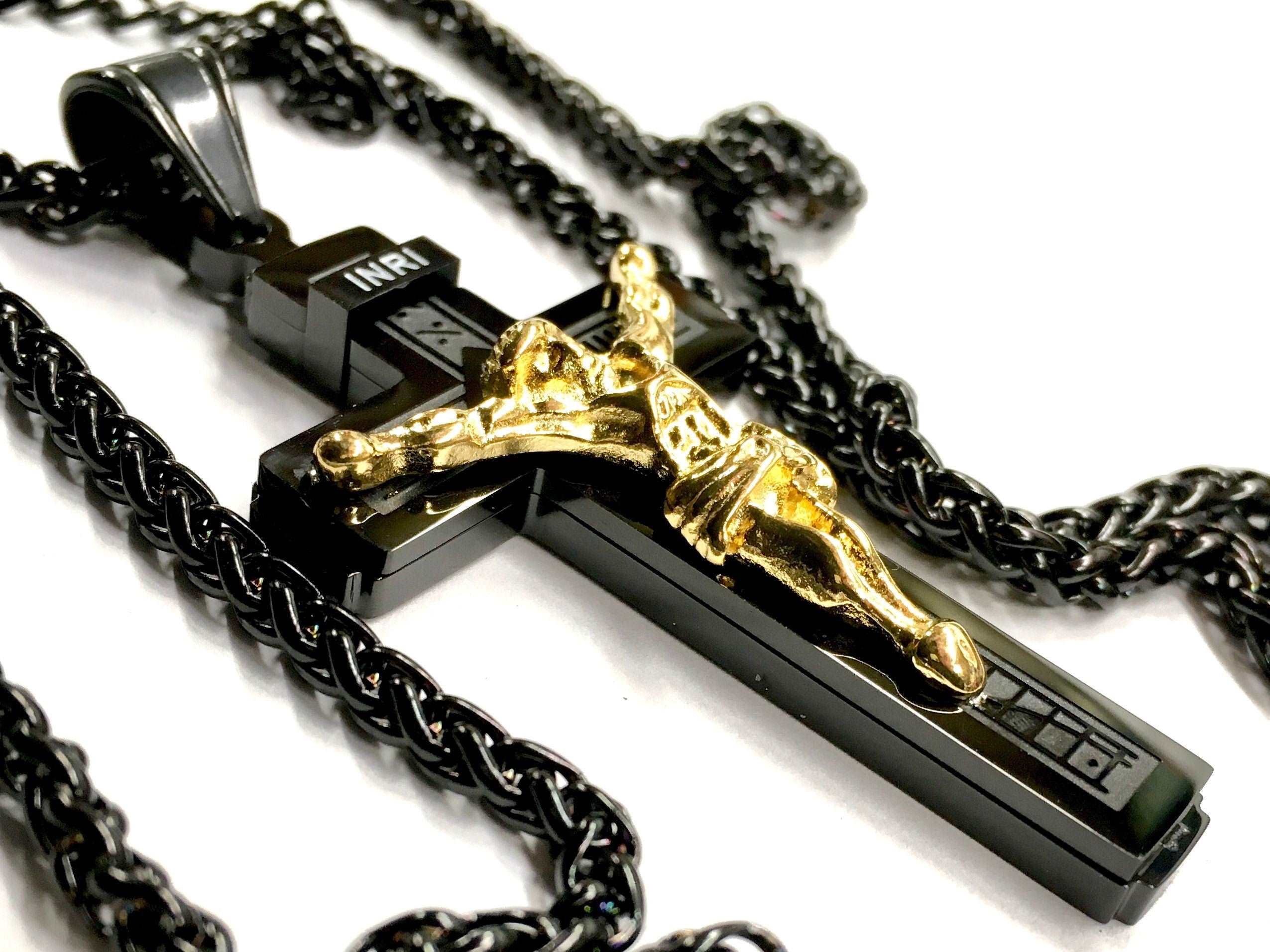 Black and gold crucifix necklace with INRI pendant and box chain