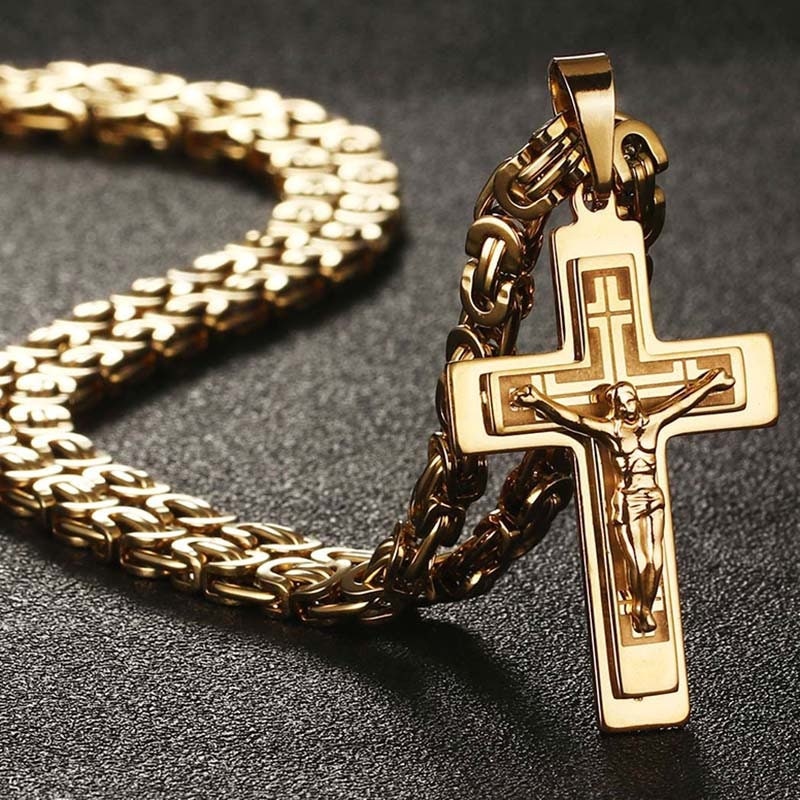 Gold-tone crucifix pendant necklace with curb chain, cross pendant with Jesus figure