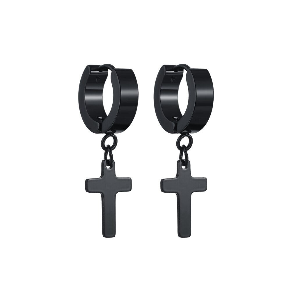 Black cross dangle hoop earrings with lever backs and dangling cross charms