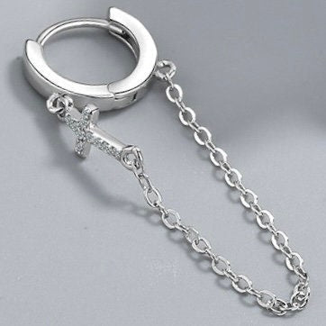 Sterling silver cross chain cuff earring set with small CZ cross charm