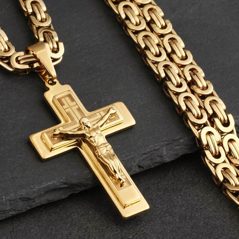 Gold-tone crucifix pendant necklace with curb chain, large cross pendant