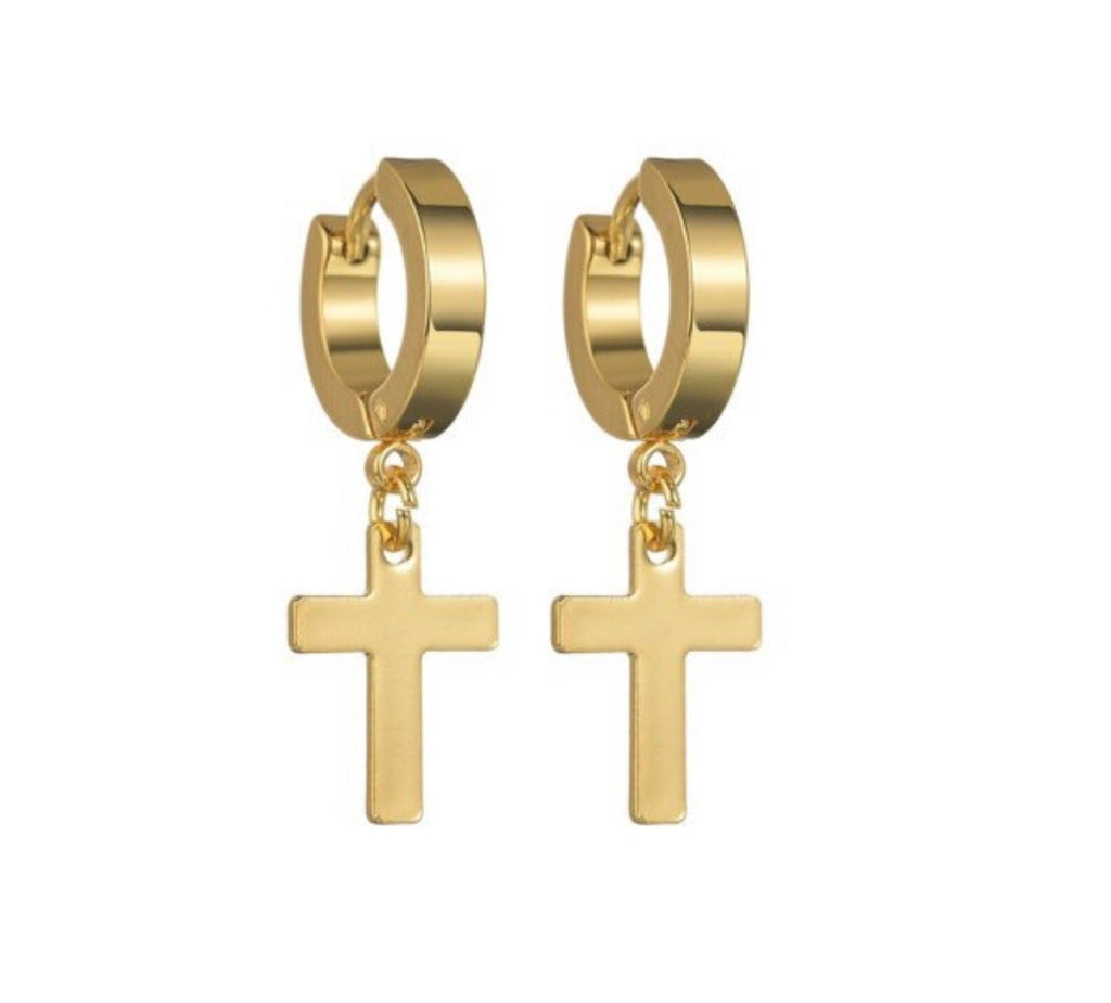 Gold cross dangle hoop earrings with lever backs and hanging cross charms