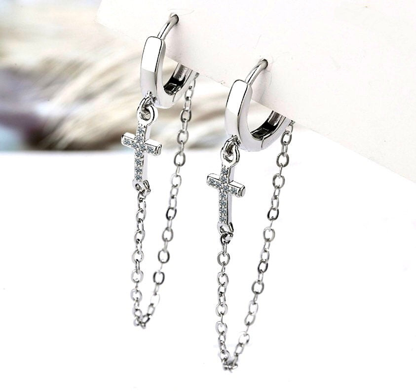 Sterling silver cross chain cuff earrings with CZ cross dangles and hoop tops