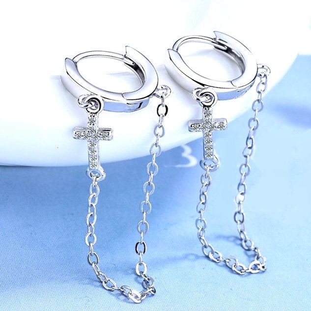 Sterling silver cross chain earrings with CZ cross charms and hoop cuffs
