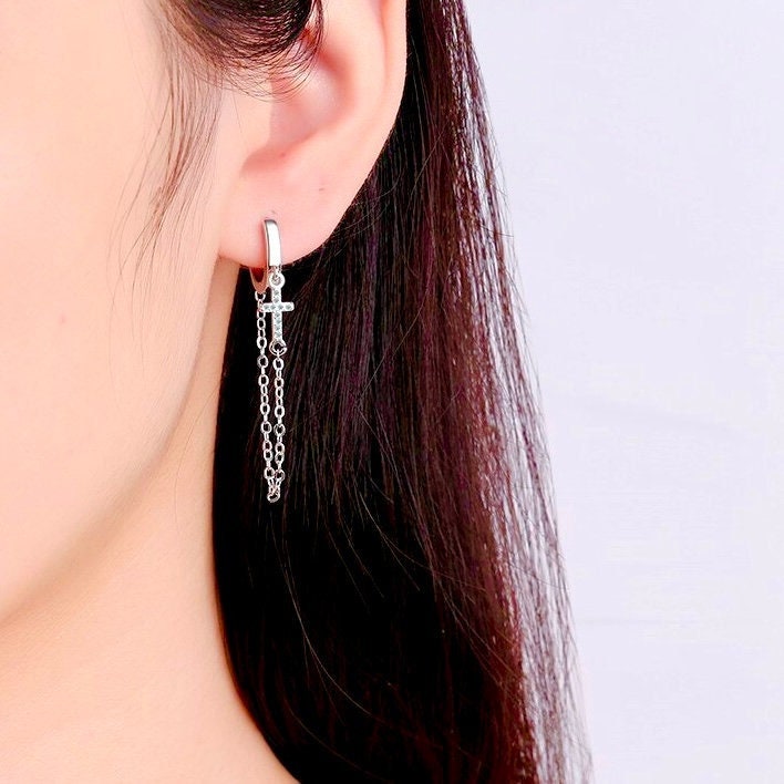 Sterling silver cross chain cuff stud earrings with small CZ detail