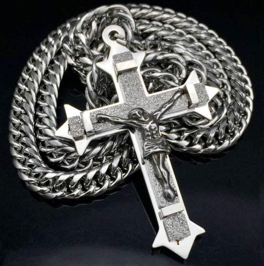 Silver stainless steel crucifix cross pendant with curb chain necklace, polished finish