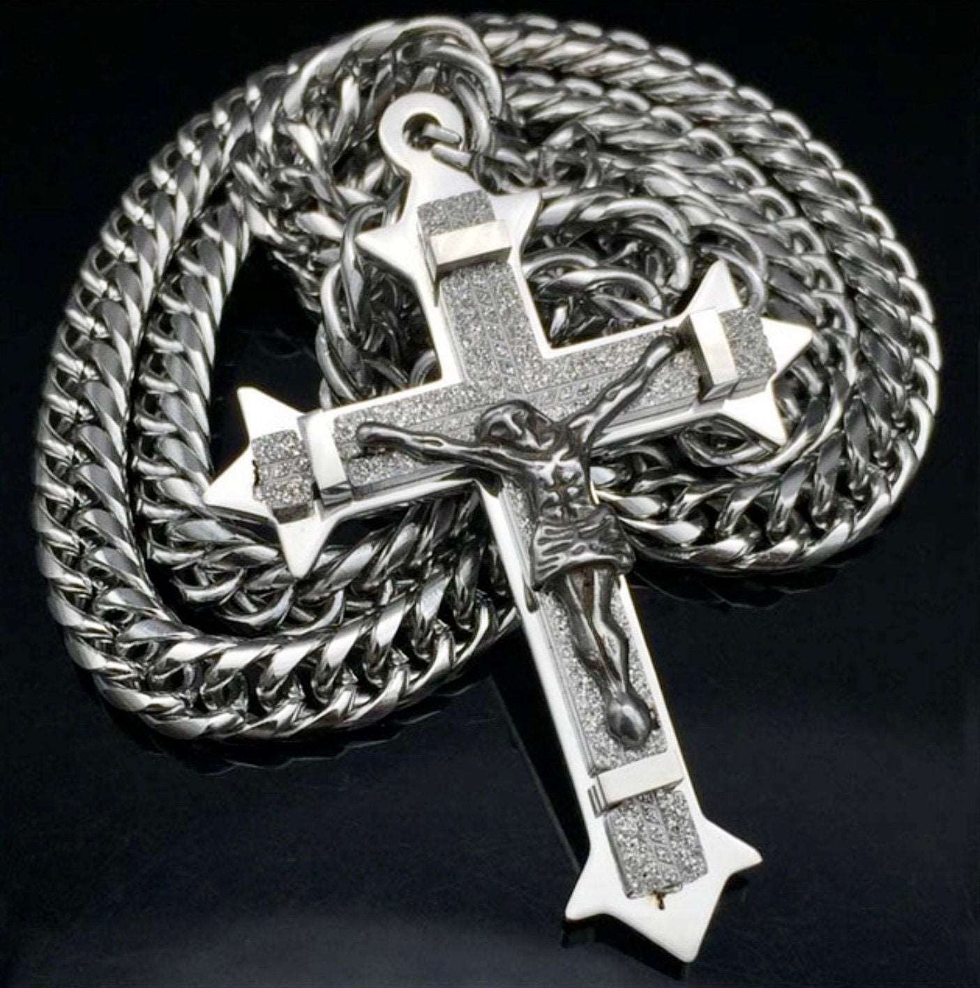 Silver stainless steel crucifix cross pendant with curb chain necklace, polished finish