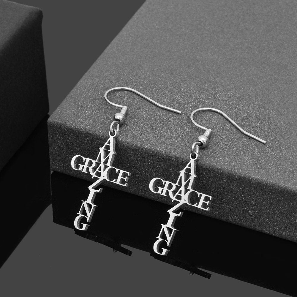 Silver cross drop earrings with GRACE lettering and dangling hook design