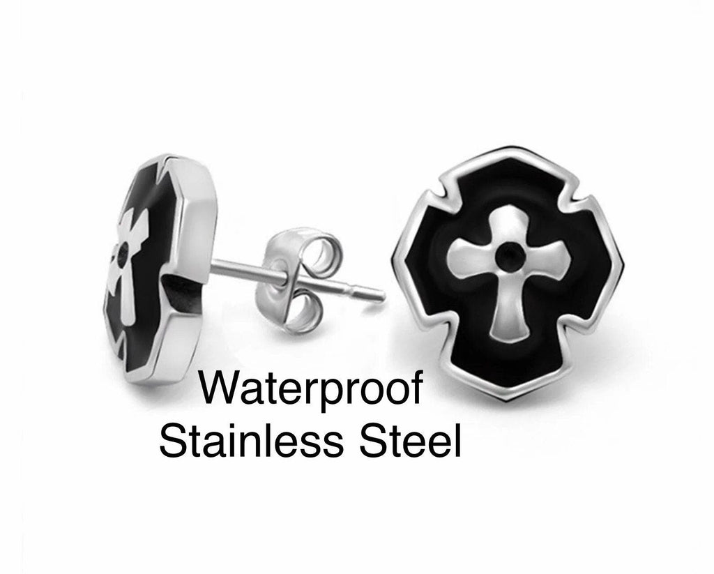 Cross stud earrings with black center, silver-tone border and pin-back posts
