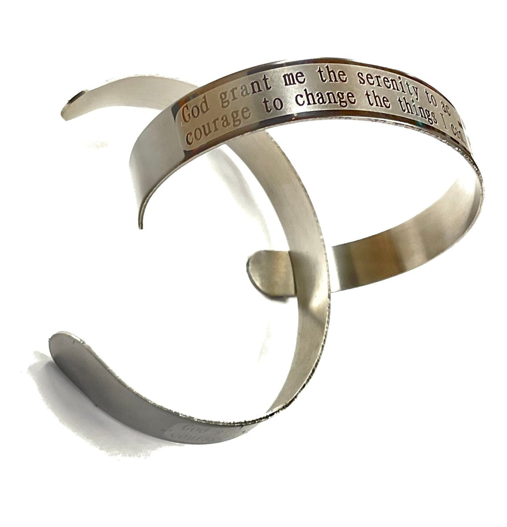 Stainless steel prayer cuff bracelet with engraved text and polished bangle design