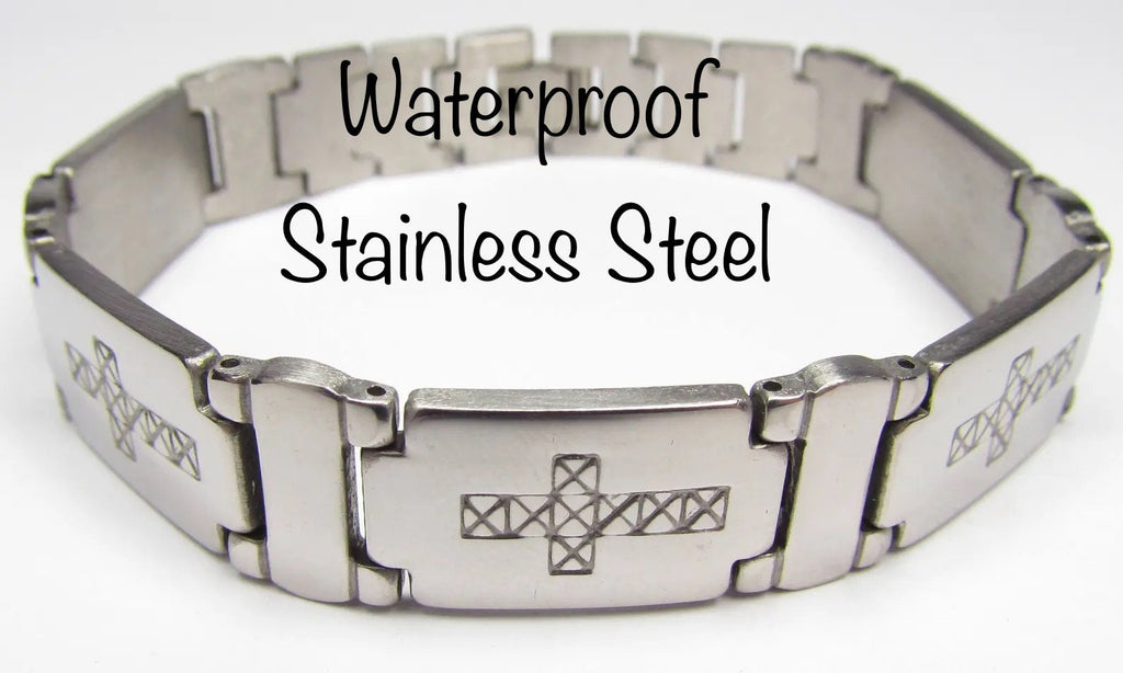 Stainless steel cross bracelet with engraved horizontal cross center and hinged clasp