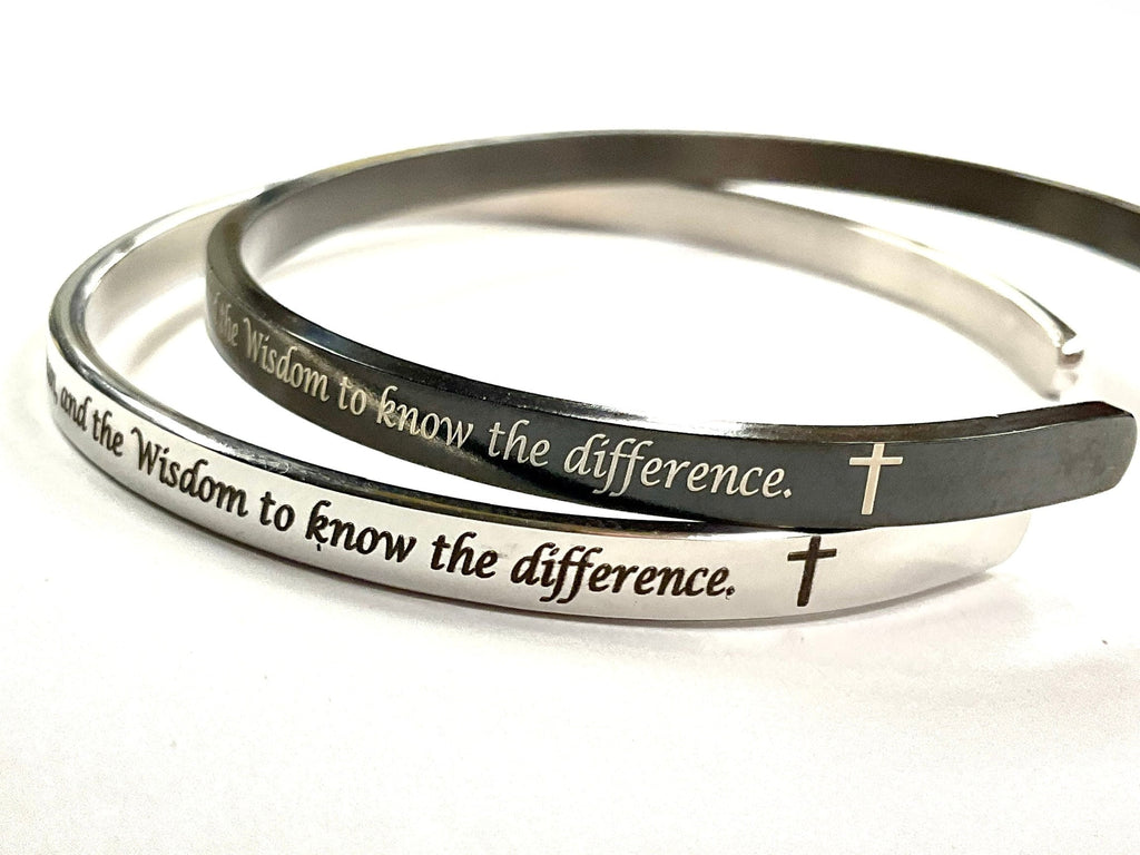 Black stainless steel cuff bracelet with engraved serenity prayer text and cross details