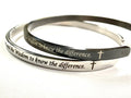 Black stainless steel cuff bracelet with engraved serenity prayer text and cross details