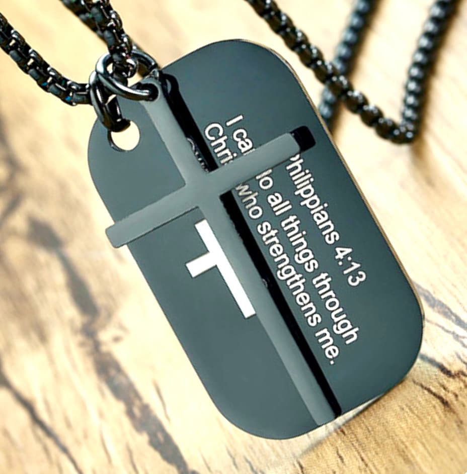 Black dog tag cross necklace with Philippians 4:13 quote on stainless steel pendant