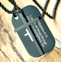 Black dog tag cross necklace with Philippians 4:13 quote on stainless steel pendant