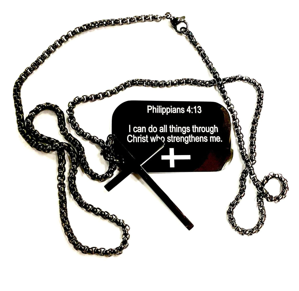 Black dog tag cross necklace with chain and black pendant showing Philippians 4:13