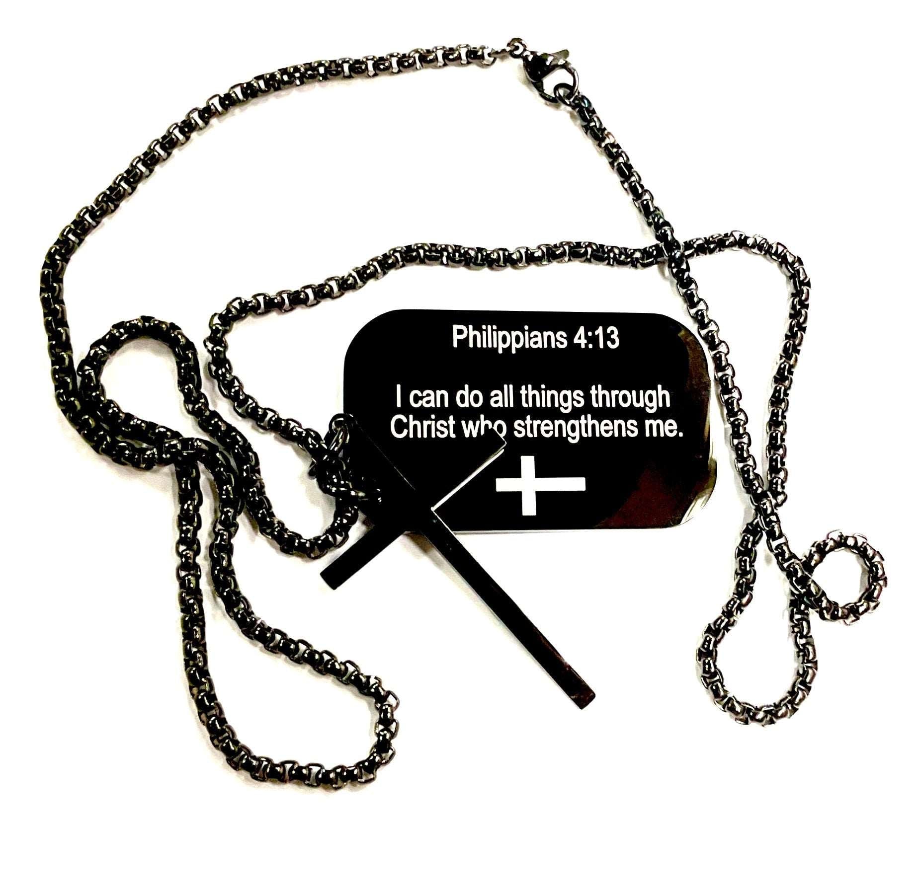 Black dog tag cross necklace with chain and black pendant showing Philippians 4:13