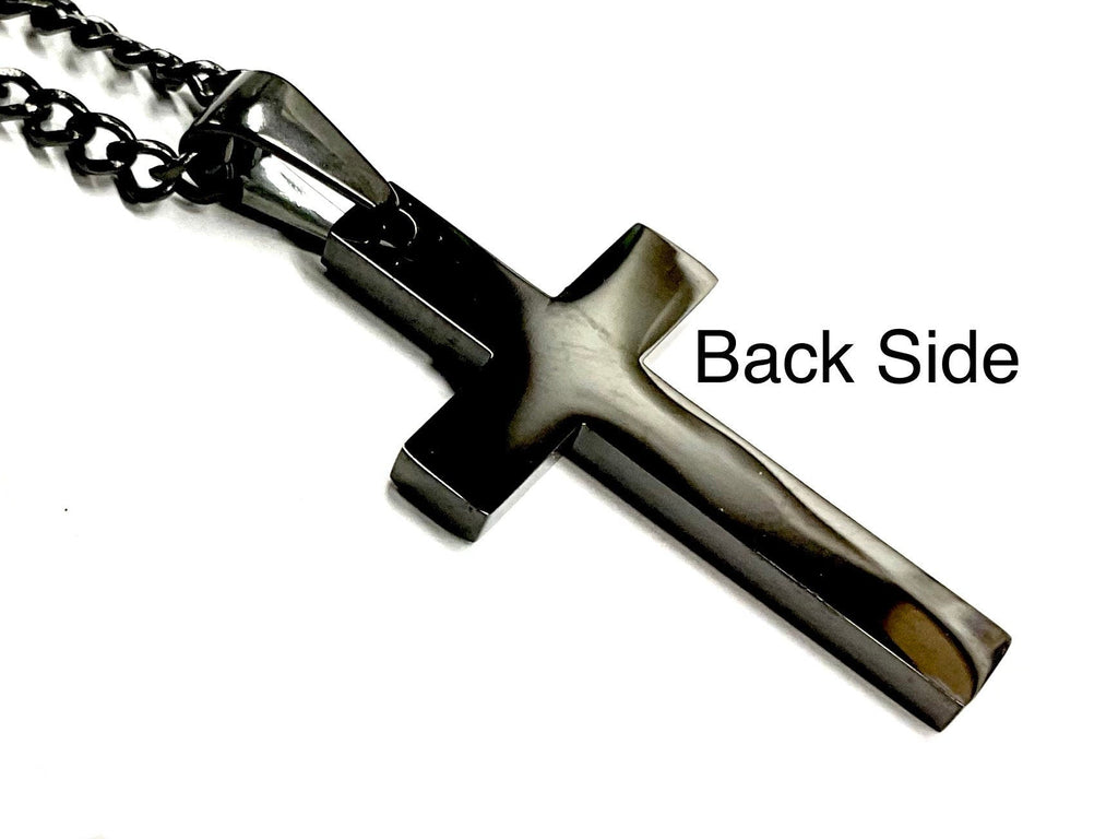 Camouflage crucifix cross pendant on black chain, silver cross back