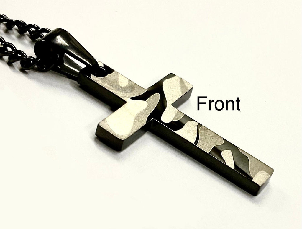 Camouflage crucifix cross pendant on black chain, metallic silver front