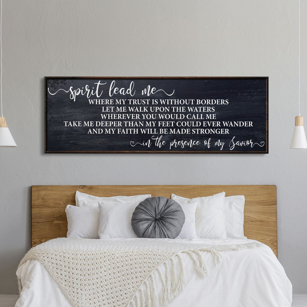 Framed dark canvas wall art with “Spirit lead me” script and verse wording