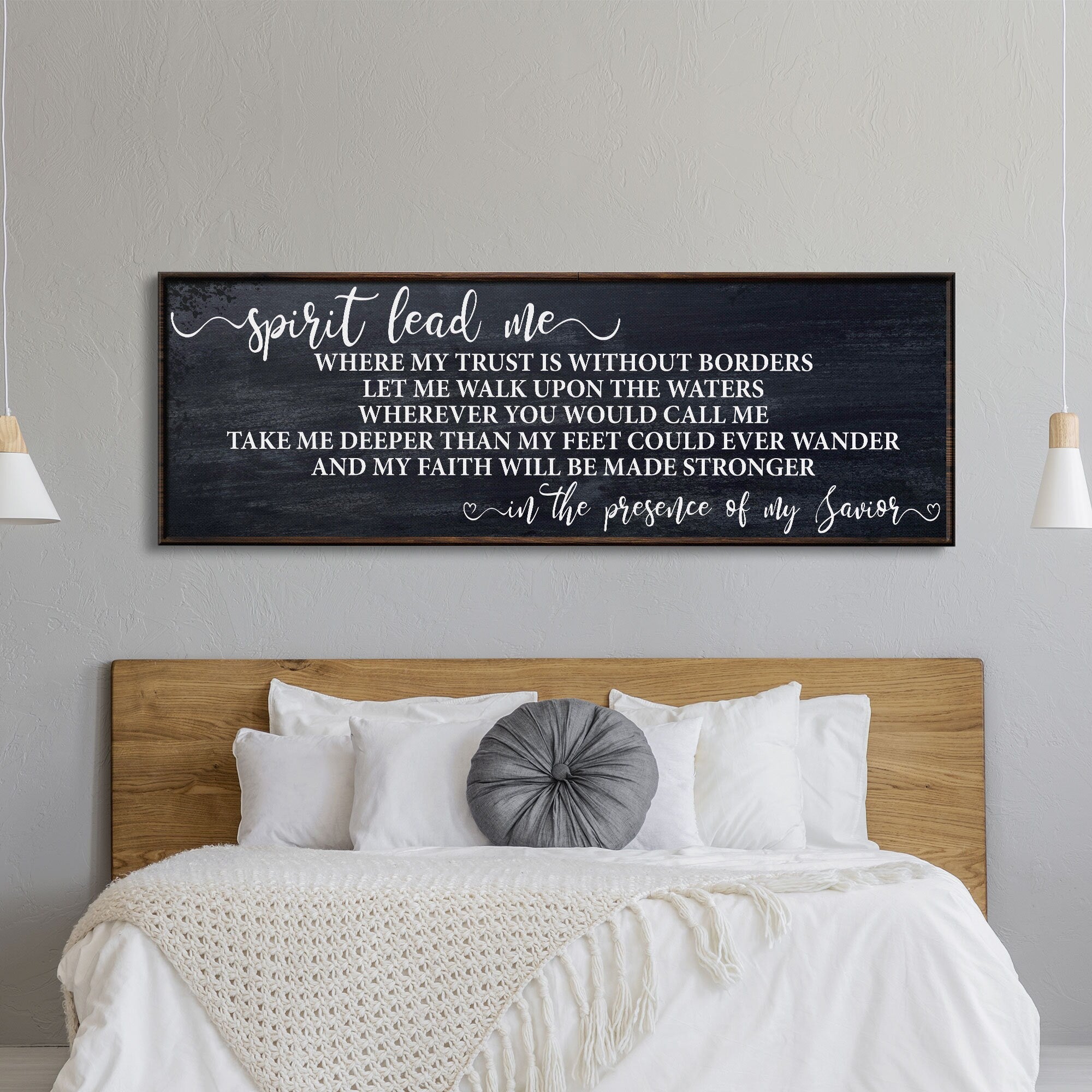 Framed dark canvas wall art with “Spirit lead me” script and verse wording