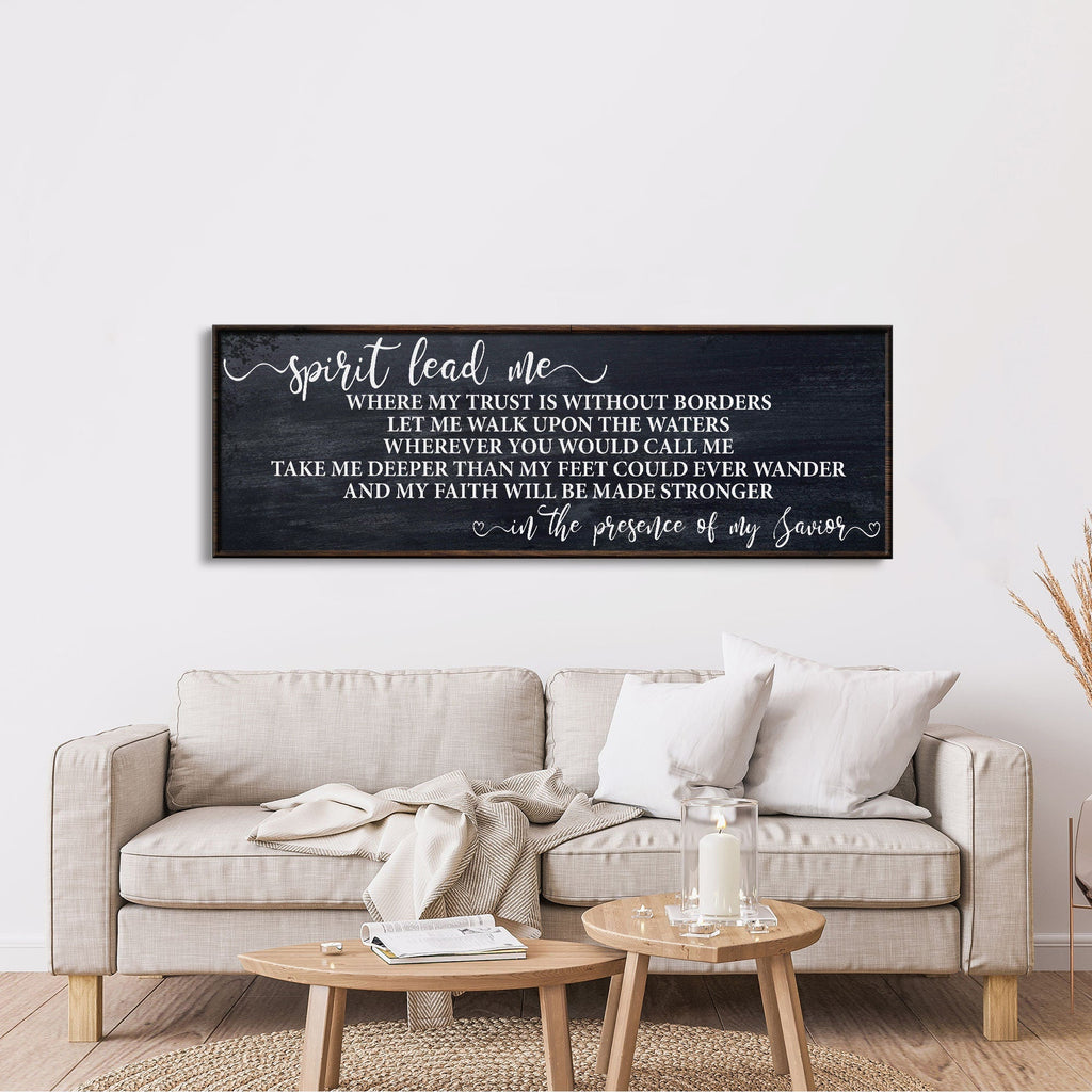 Framed dark canvas wall art with “Spirit lead me” script and worship verse text