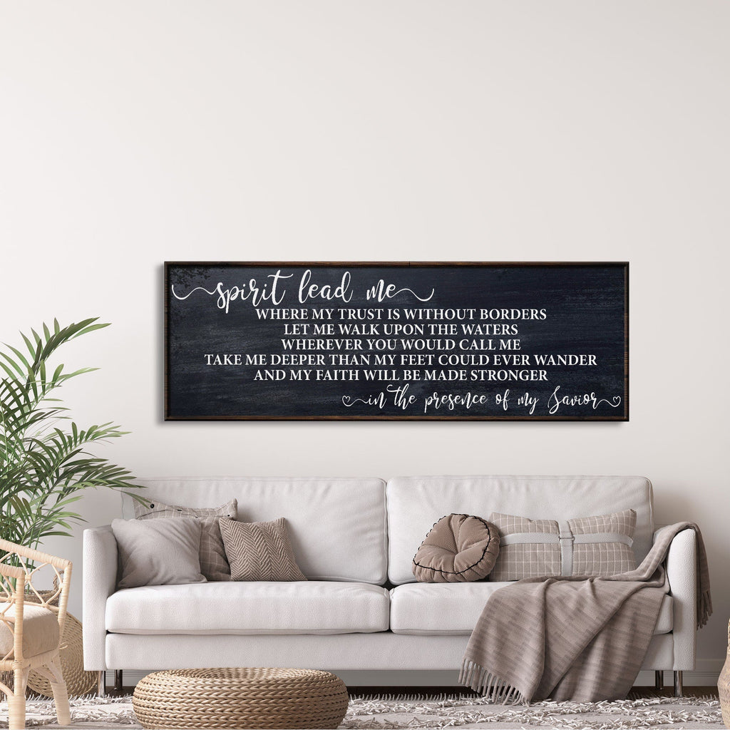 Framed dark canvas wall art with “Spirit lead me” script and verse quote