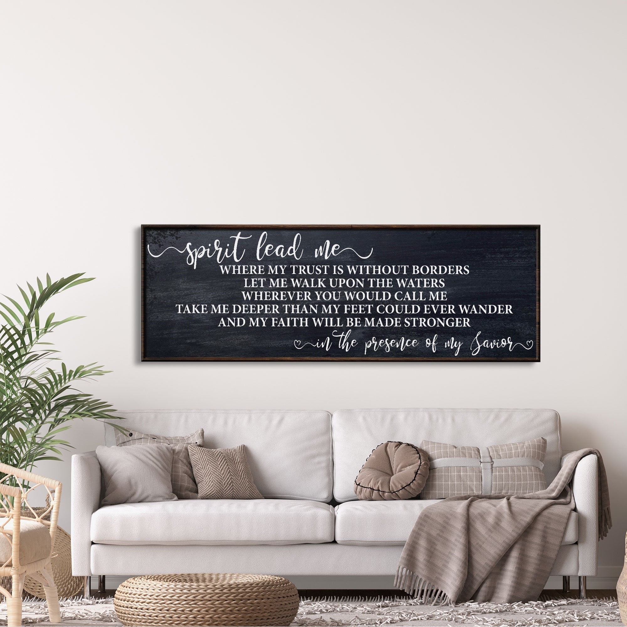 Framed dark canvas wall art with “Spirit lead me” script and verse quote