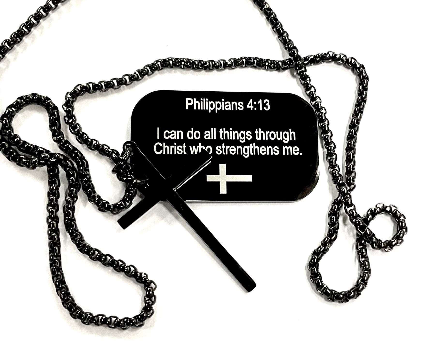 Black dog tag cross necklace with long chain; Philippians 4:13 text on pendant