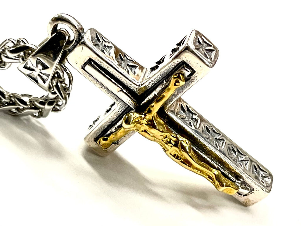 Crucifix cross pendant with engraved silver panels and gold-tone figure