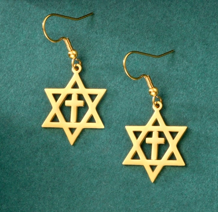 Gold-tone Star of David cross drop earrings with fishhook closures