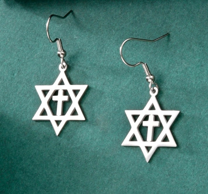 Silver-tone Star of David cross drop earrings with fishhook closures
