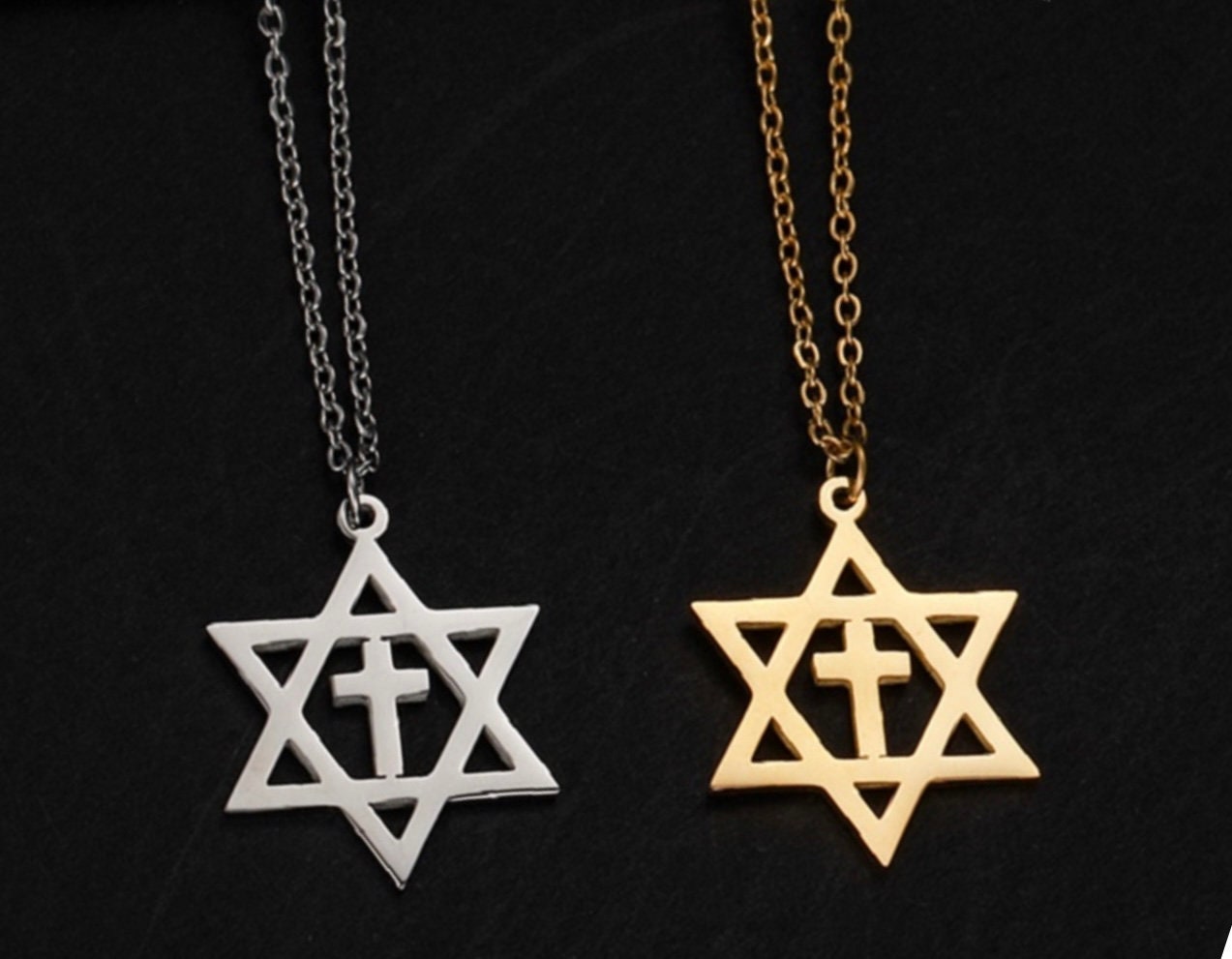 Silver-tone Star of David cross drop earrings on chain necklaces