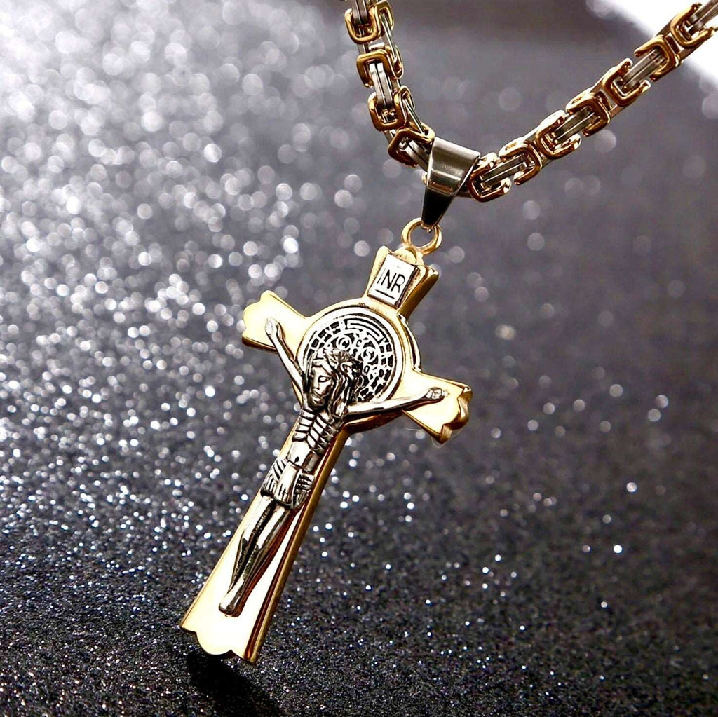 Gold crucifix pendant on chain necklace, round medallion Saint Benedict style