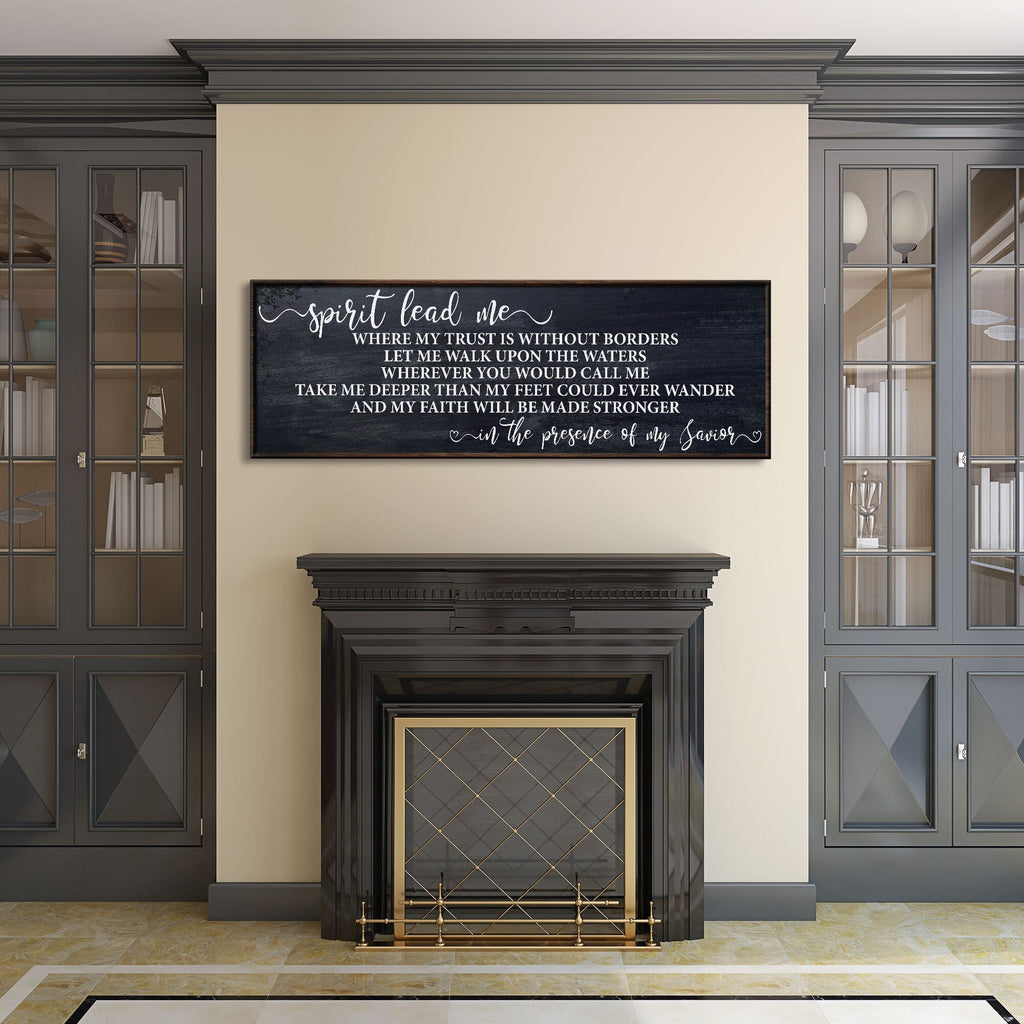 Framed dark canvas wall art with “Spirit lead me” script and verse text