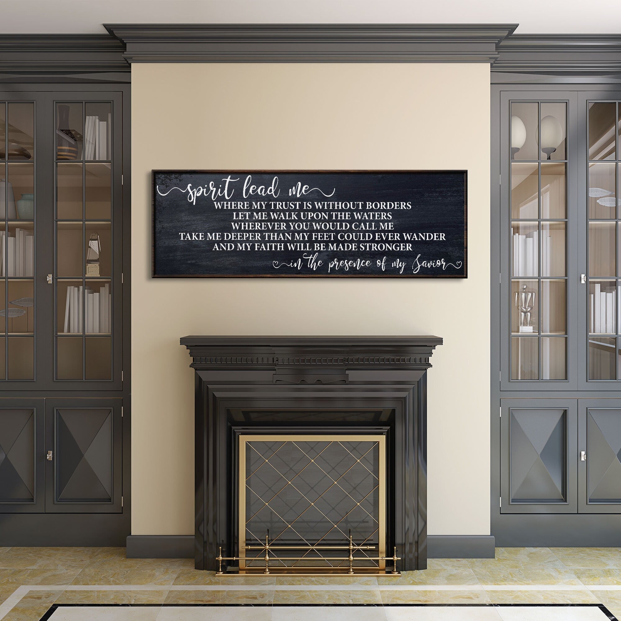Framed dark canvas wall art with “Spirit lead me” script and verse text