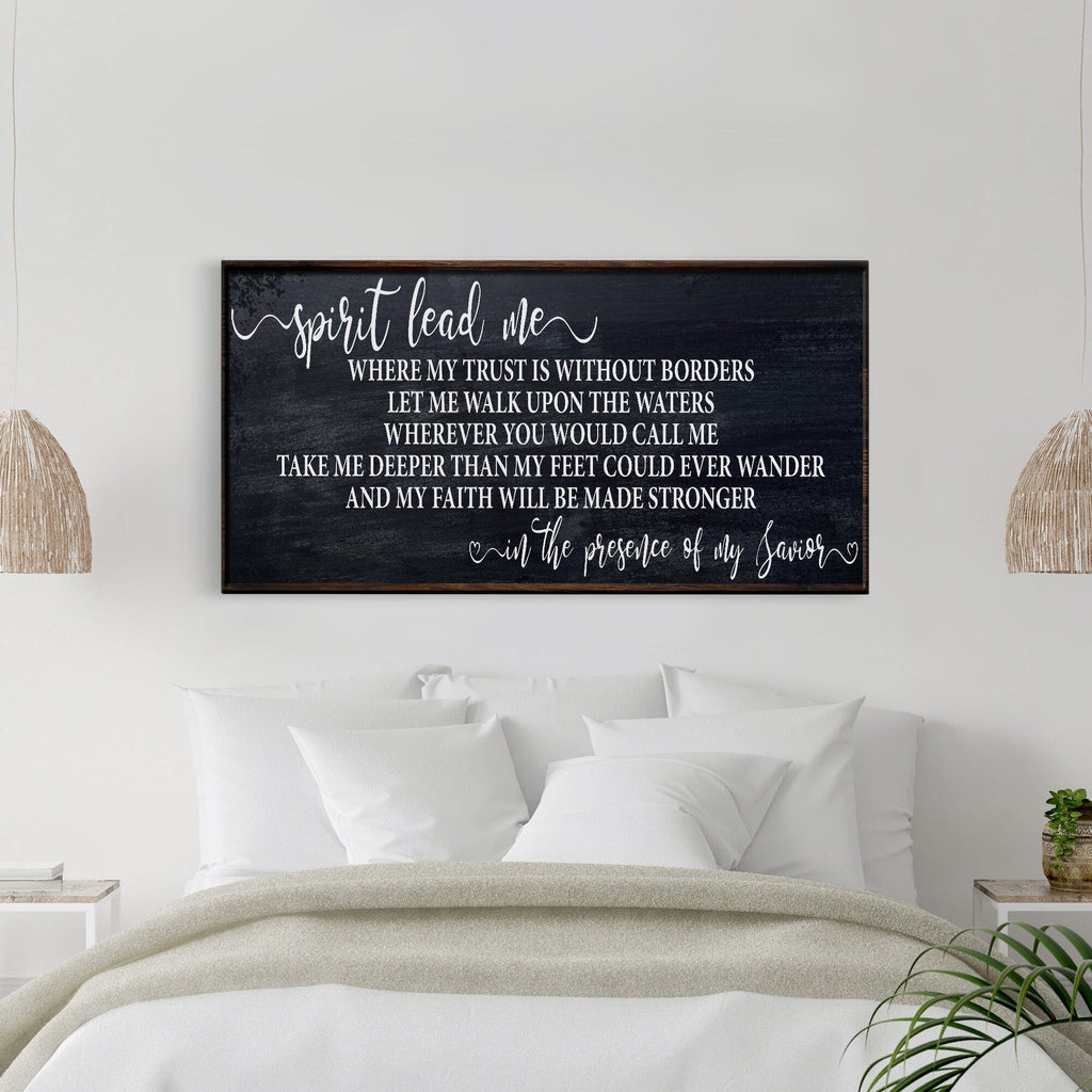 Framed dark canvas wall art with “Spirit lead me” lettering and worship verse