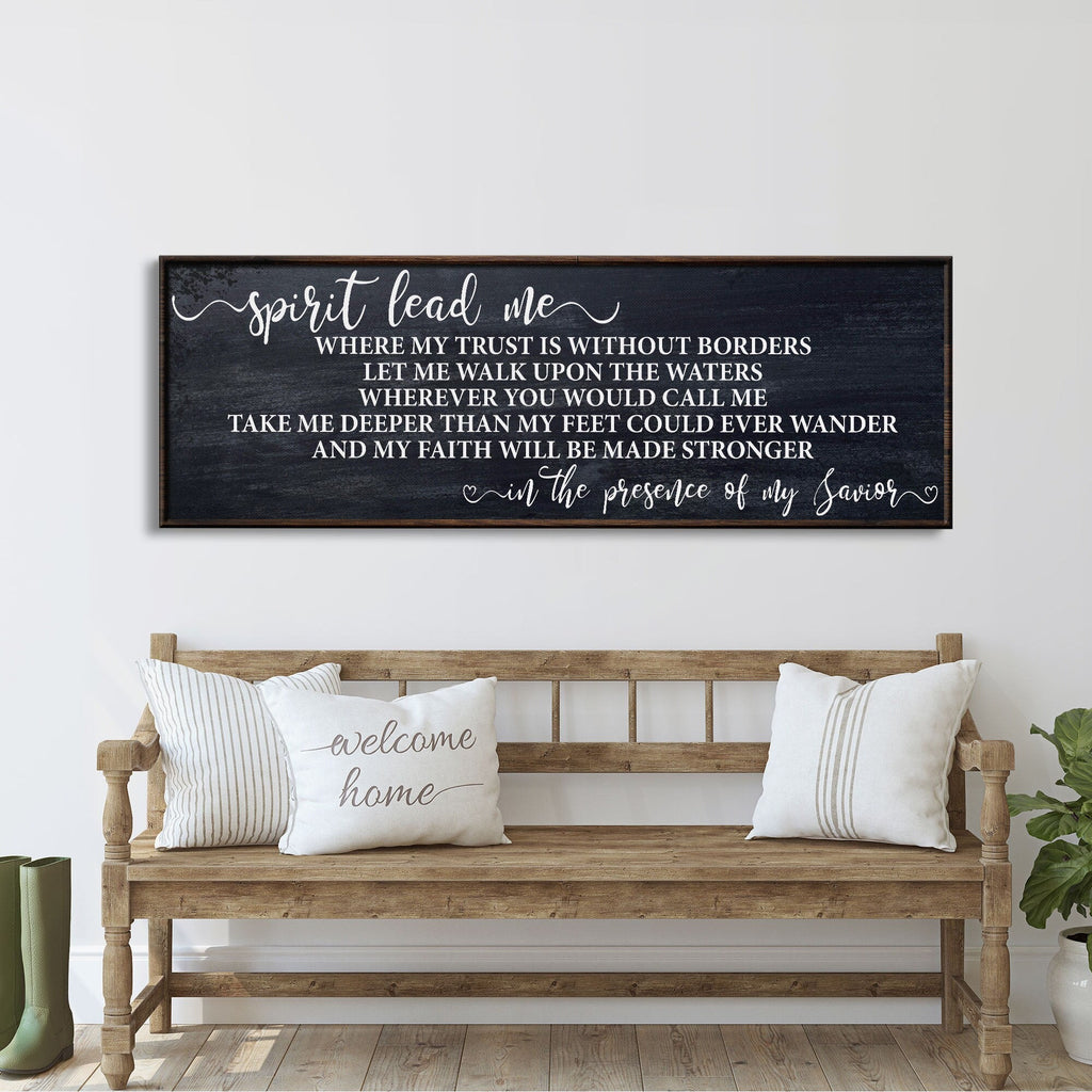 Framed canvas wall art with script text “Spirit lead me” and a worship verse quote