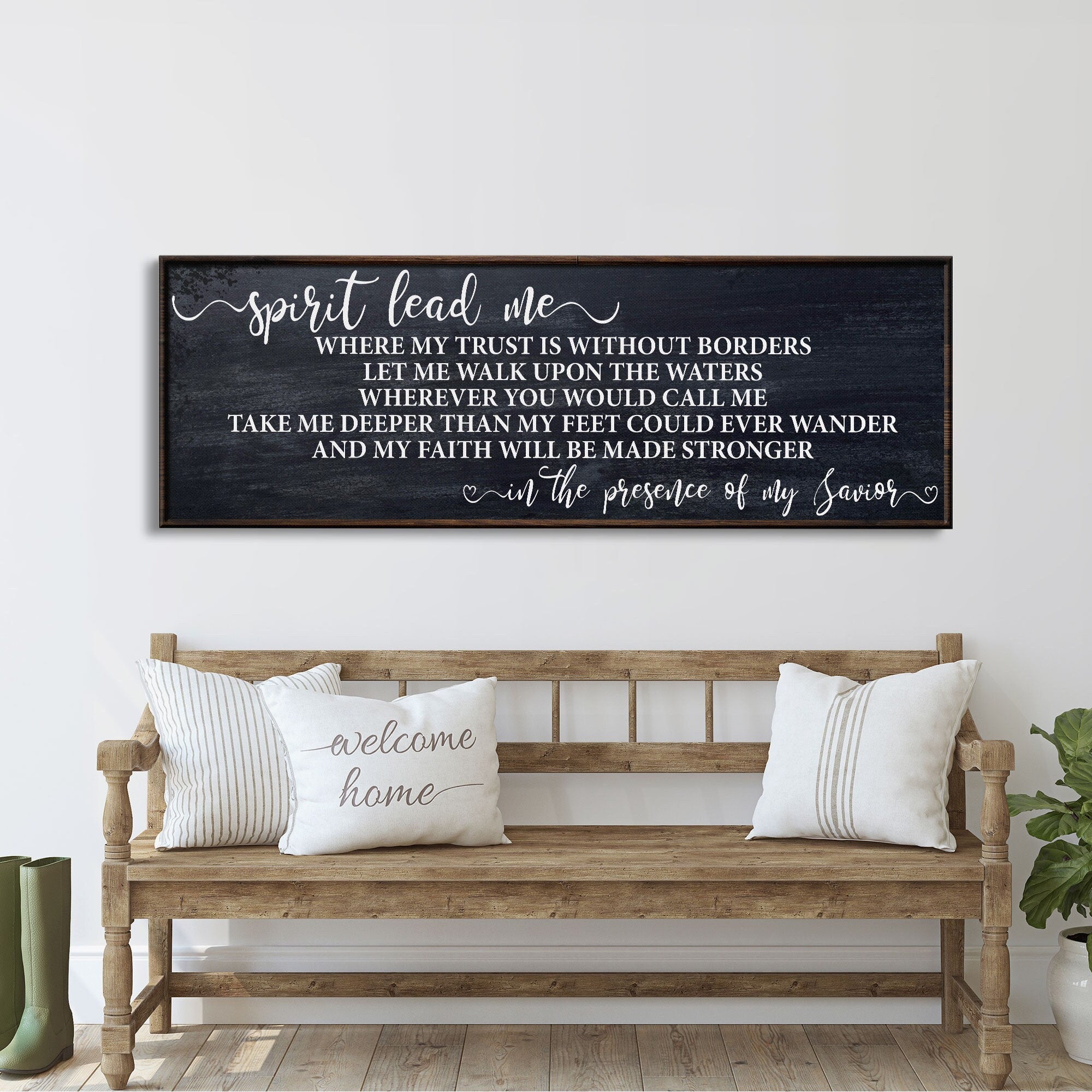 Framed canvas wall art with script text “Spirit lead me” and a worship verse quote