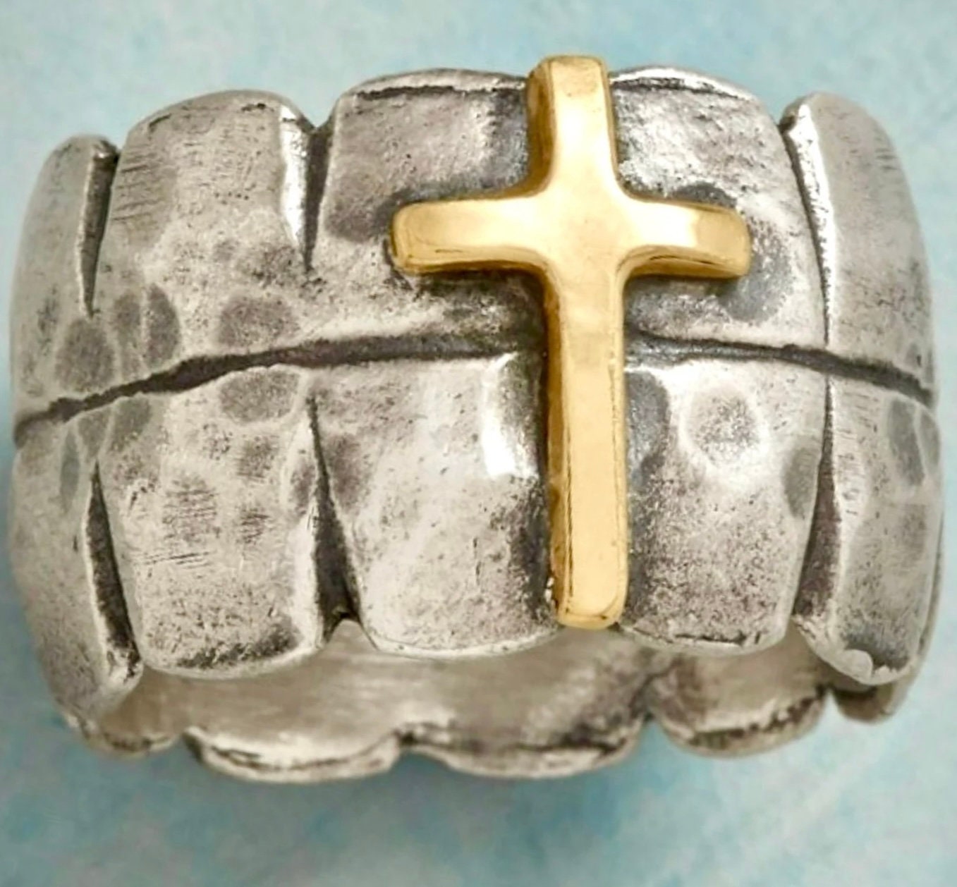 Vintage cross band ring with centered gold cross on textured silver-tone band