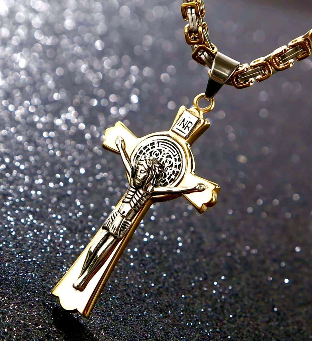 Gold-tone crucifix pendant necklace on chain with Saint Benedict medallion