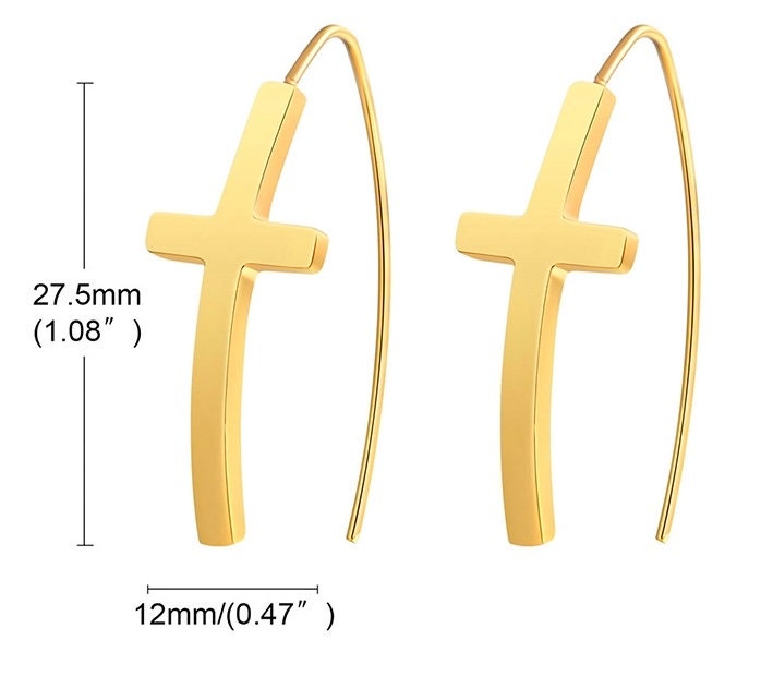 Gold cross hoop dangle earrings size: 27.5mm drop, 12mm cross width