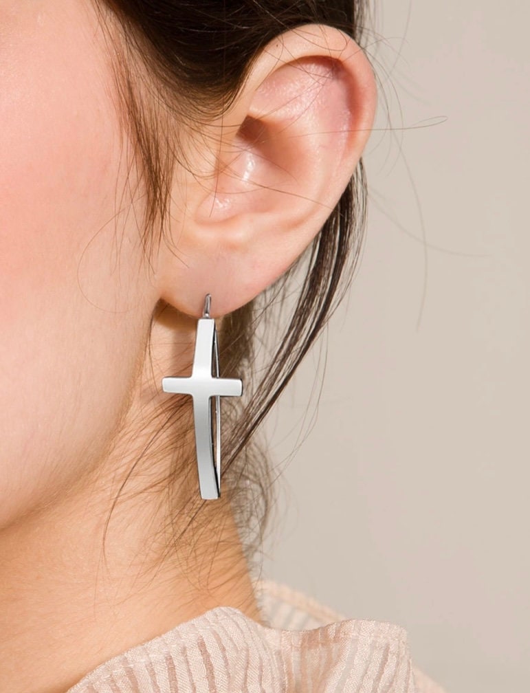 Silver cross hoop dangle earrings with long wire drops, minimalist cross charm