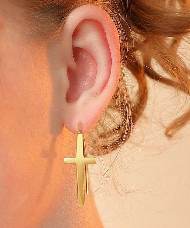Gold cross hoop dangle earrings with long wire drops, minimalist cross charm