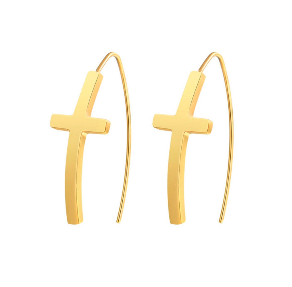Gold cross hoop dangle earrings pair, wire hoops with flat cross pendants